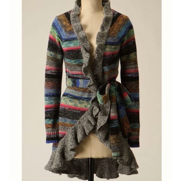Anthropologie Moth Splash Of Color Rainbow Stripe Ruffle Trim Belted Cardigan - Picture 1 of 9